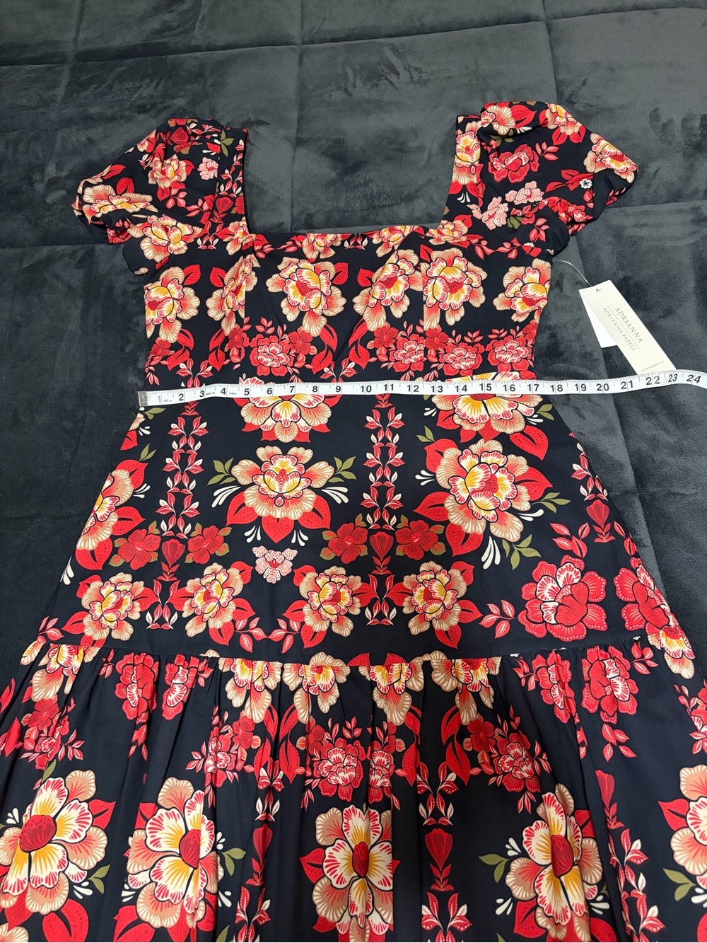 Adrianna Papell Red Floral Print Puff Sleeve Midi Dress - 14 - Picture 10 of 16